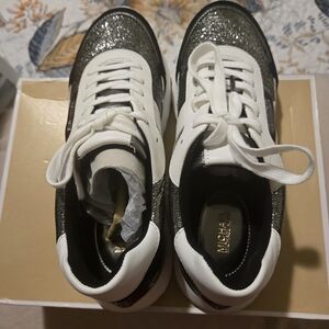 Michael Kors White and Gunmetal Glitter Lace-Up Sneakers